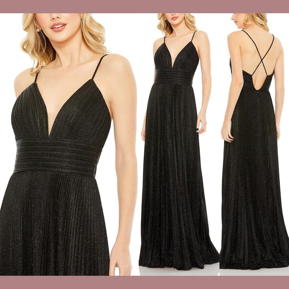 NWT $398 Mac Duggal [‎ 0 ] A Line Shimmer Pleated V Neck Gown Black